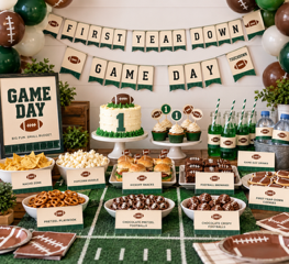 Football game day party table decorated with the DIY Party Kit printables